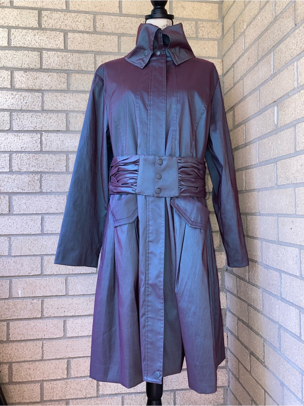 Samuel Dong Iridescent Purple Blue High Neck Trench Coat Belted Trench Coat